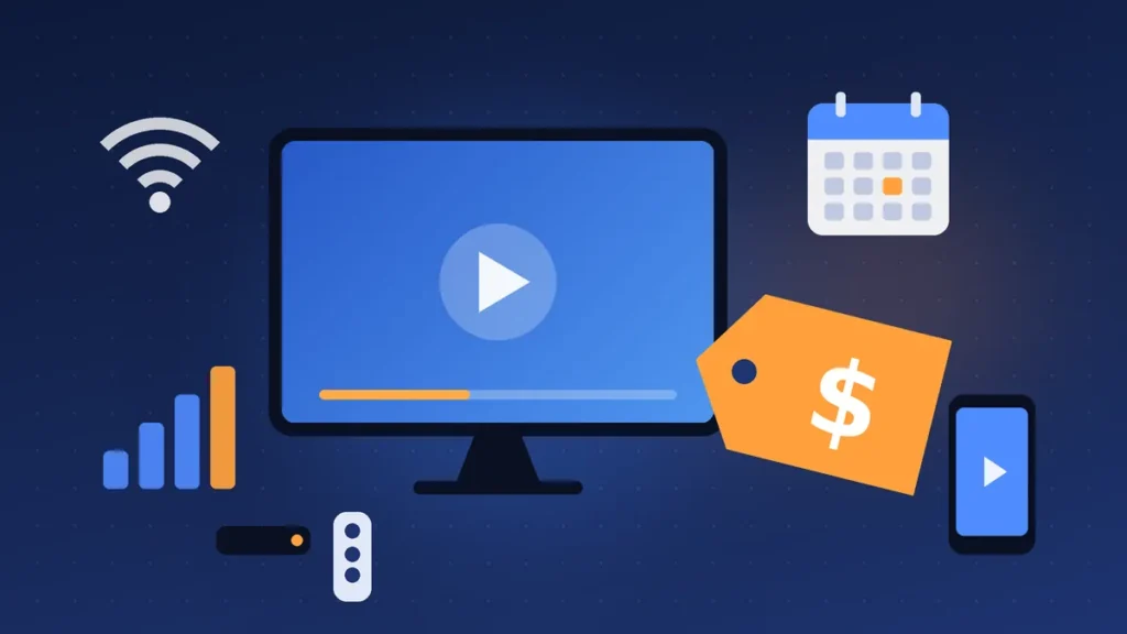 Illustration of a TV, price tag, calendar, Wi-Fi signal and streaming devices representing the factors that affect IPTV prices