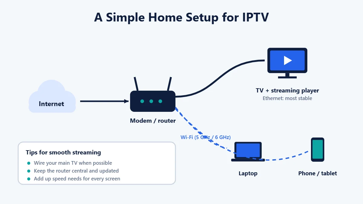 Illustration of a home IPTV setup with a router connected to a TV by Ethernet and to a laptop and phone over Wi-Fi