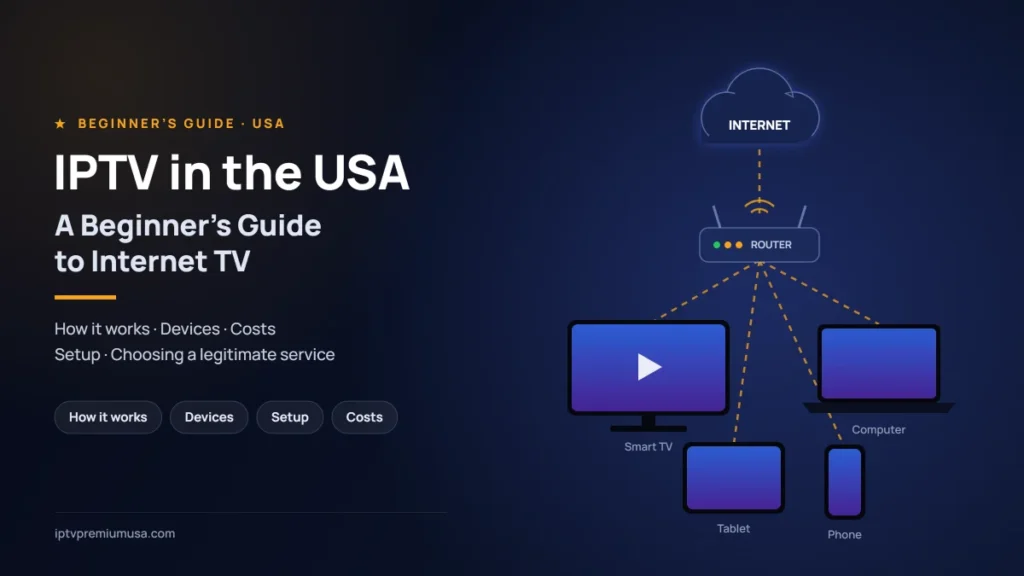 Diagram of internet TV in the USA: the internet connects through a home router to a smart TV, computer, tablet and phone